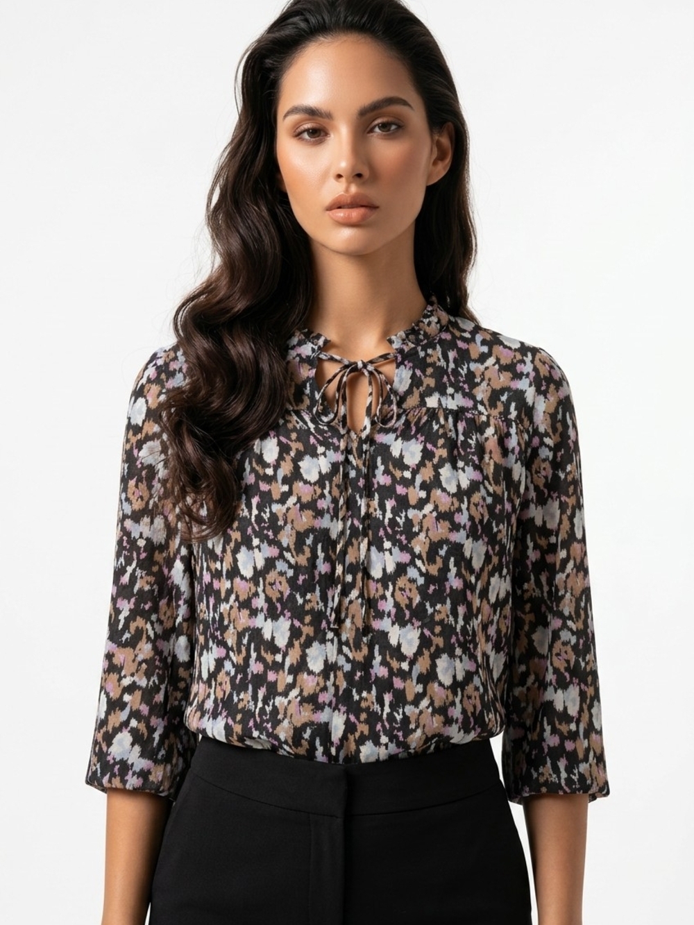 Floral Tie-Neck Blouse in Black and Tan